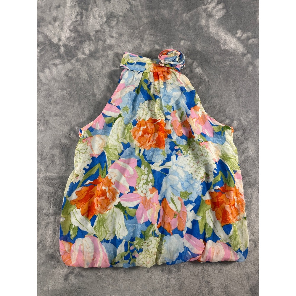 CeCe Floral Halter Neck Blouse with Rosette Detail XS Blue Orange Pink